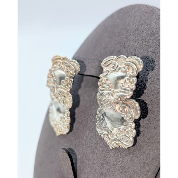 VTG Art Nouveau 925 Sterling Silver Doorknocker Embossed Ornate Drop Earrings - Picture 2 of 6